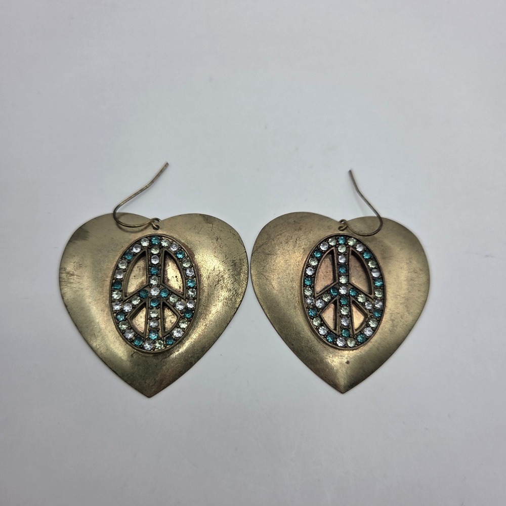 Vintage Gold/brass Heart Peace Sign Rhinestone Dangle Earrings Blue Clear Retro